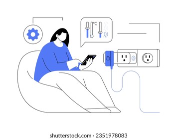 Smart plugs abstract concept vector illustration. Woman controls plugs in house using smartphone app, sustainable energy sources, smart home technology, monitoring process abstract metaphor.