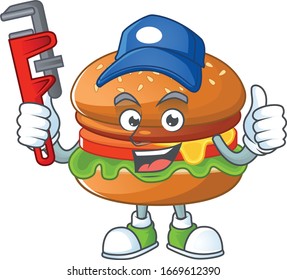 Smart Plumber worker of hamburger cartoon character design