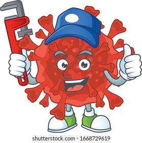 Smart Plumber Arbeiter aus rotem Corona-Virus-Cartoon-Charakterdesign