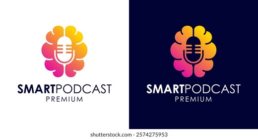 Smart podcast logo icon design template. Brain and microphone icon symbol vector illustration for education. Think podcast logo. Broadcast entertainment business logo template vector illustration.