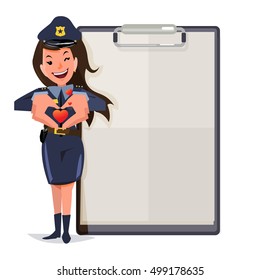 smart police officer making a heart with his hands. take care people - vector illustration