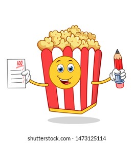 Smart Popcorn Red White Box Cartoon Mascot Character With Holding a Paper and Pencil.