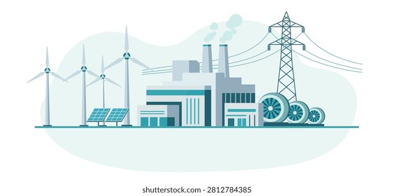 Smart power grid integrating wind turbines solar panels and industrial facilities for clean energy supply