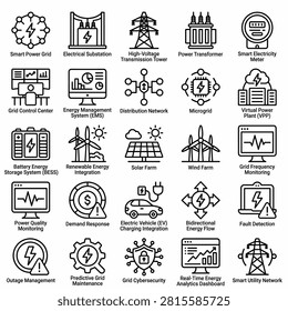 Smart Power Grid and Renewable Energy Infrastructure Line Icon Set