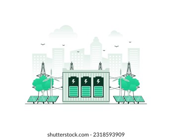 Smart power grid system with renewable energy sources. Includes solar panels, wind turbines, battery storage, electricity transmission grid. Vector illustration with minimalist color.