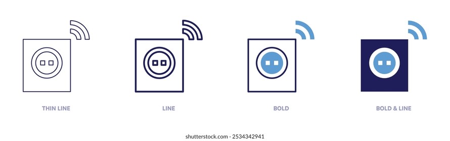 Icono de enchufe inteligente en 4 estilos diferentes. Línea delgada, línea, negrita y línea negrita. Estilo duotono. Trazo editable.