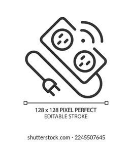 Smart power strip pixel perfect linear icon. Automatic multi plug device. Appliance for home. Surge protector. Thin line illustration. Contour symbol. Vector outline drawing. Editable stroke