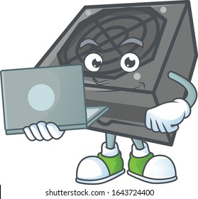 A smart power supply unit black color mascot icon working with laptop