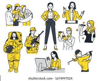 Smart and powerful women concept, various multi-ethnic characters of woman in occupations, businesswoman, engineer, astronaut,  scientist, golfer, singer, politician, soldier. Linear, thin line art.