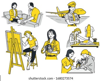 Smart and powerful women concept. Various women in different jobs and occupations like female pilot, fashion designer, artist, psychiatrist, veterinarian, photographer. Linear, thin line art.