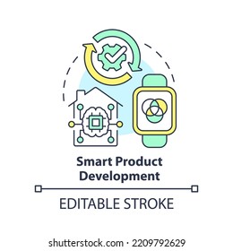 Smart Product Development Concept Icon. Internet Of Things. In Demand Small Business Abstract Idea Thin Line Illustration. Isolated Outline Drawing. Editable Stroke. Arial, Myriad Pro-Bold Fonts Used