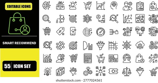 Smart Product Recommendations Line Editable Icons Set – AI Driven Suggestions, Personalized Shopping, Machine Learning Recommendations, Ecommerce Intelligence and Customer Behavior Analysis Symbols in Modern Thin Line Style Vector Illustration Collection for UI UX, Web, App and Retail Platform Design