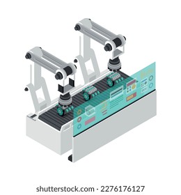 Smart production technology with industrial robots working on assembly line 3d isometric vector illustration