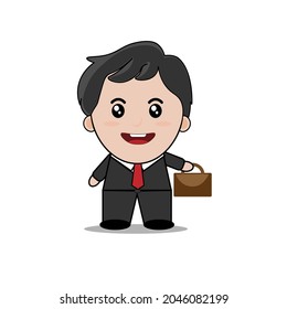 Smart Professional And Business Man Characters Holding Briefcase In Black Suit Long Sleeve And Necktie Isolated In White Background.