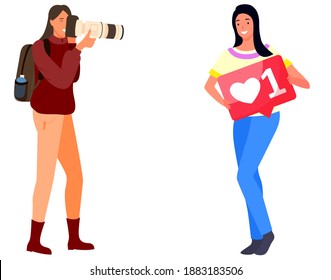 Smart Professional Female Photographer Enjoy Taking Pictures Vector Illustration. Pretty Woman Pose Concentrated Female With Digital Camera Flat Style Concept. Photo for social media