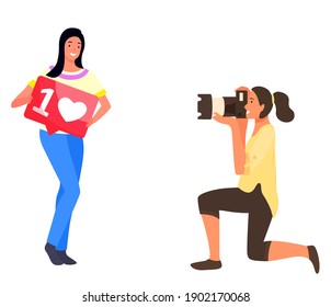 Smart Professional Female Photographer Enjoy Taking Pictures Vector Illustration. Pretty Woman Pose Concentrated Female With Digital Camera Flat Style Concept. Photo for social media