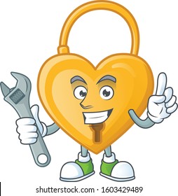 Smart and Professional Mechanic love padlock cartoon character