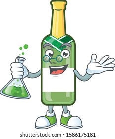 Smart Professor champagne green bottle cartoon character holding glass tube