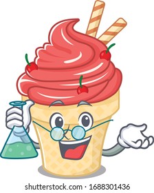 Smart Professor of cherry ice cream mascot design holding a glass tube