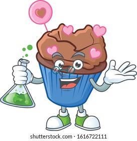 Smart Professor chocolate love cupcake cartoon character with glass tube