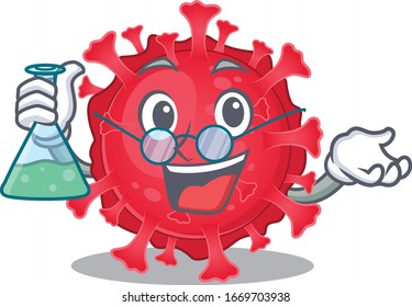 Smart Professor of coronavirus substance mascot design holding a glass tube