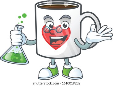 Smart Professor cup of coffee with heart cartoon character with glass tube