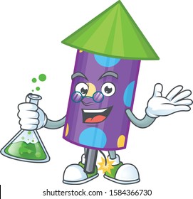 Smart Professor dot fireworks rocket cartoon character holding glass tube