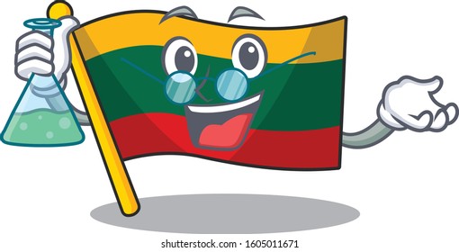 Smart Professor flag lithuania cartoon character with glass tube