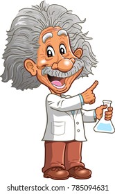 Smart professor genius scientist chemistry teacher with beaker pointing cartoon clipart vector