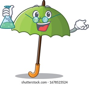 Smart Professor of green umbrella mascot design holding a glass tube