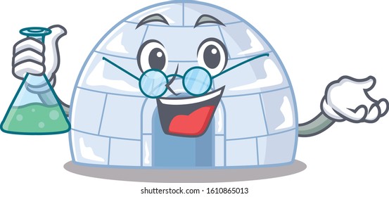 Smart Professor igloo cartoon character with glass tube
