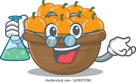 Profesor inteligente de diseño de mascota de cesta de frutas anaranjadas con un tubo de vidrio