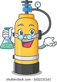 Smart Professor oxygen cylinder cartoon character with glass tube