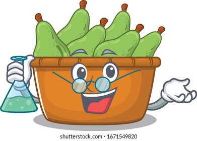 Smart Professor of pear fruit box mascot design holding a glass tube