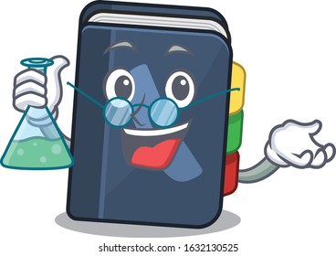 Smart Professor phone book cartoon character with glass tube