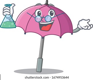 Smart Professor of pink umbrella mascot design holding a glass tube