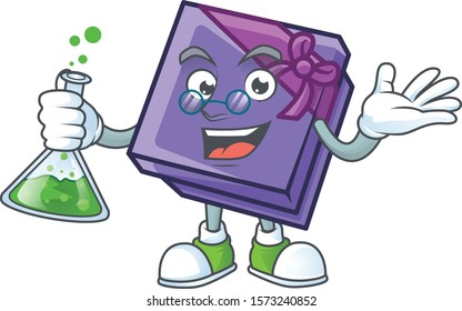 Smart Professor purple gift box cartoon character holding glass tube