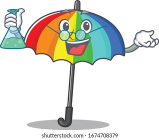 Smart Professor of rainbow umbrella mascot design holding a glass tube