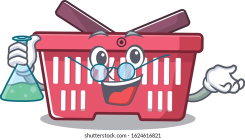 Smart Professor shopping basket cartoon character with glass tube