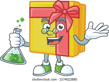 Smart Professor yellow gift box cartoon character holding glass tube