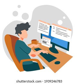 smart programmer coding or studying on computer. programming, Freelance, working, chatting, sitting on the chair. concept Flat vector cartoon illustration.