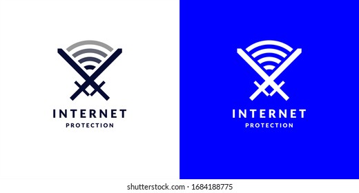 Intelligente Schutzverbindung mit dem Symbol. Vektorillustration. Die Silhouette der gekreuzten Schwerter und das Symbol der drahtlosen Kommunikation.