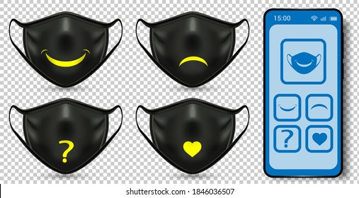 Smart protective masks that express emotions. Controlled from a smartphone from the application. Allows you to contact with people around you while staying safe and understood. Realistic vector.