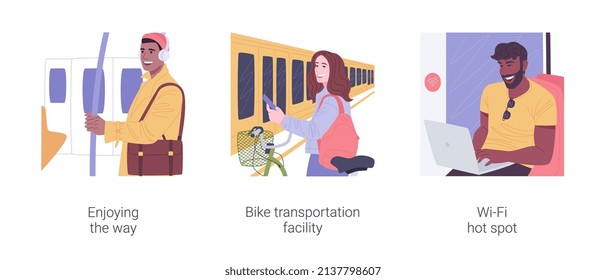 Se establecen ilustraciones de vectores de dibujos animados aislados de transporte público inteligente. Hombre en el metro disfrutando de la música en los audífonos en el camino, instalación de transporte de bicicletas de la ciudad, punto caliente de Wi-Fi en una caricatura de vector de autobús.