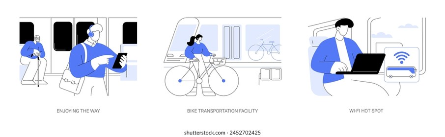 Smart public transport isolated cartoon vector illustrations set. Man in metro enjoying the music in headphones on the way, city bike transportation facility, Wi-Fi hot spot in a bus vector cartoon.