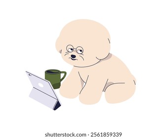 Smart puppy in glasses at tablet PC gadget, sitting with coffee mug. Cute funny canine animal, dog pet. Adorable clever doggy, pup at work. Flat vector illustration isolated on white background