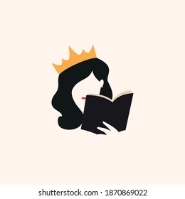 Smart queen woman reading book simple flat icon and logo design