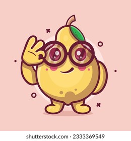 smart quince fruit character mascot with ok sign hand gesture isolated cartoon in flat style design