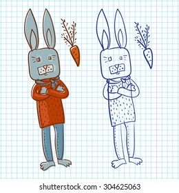 smart rabbit and carrot pen drawn on a sheet of paper