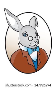 smart rabbit in glasses with bow tie illustration, alice from womderland